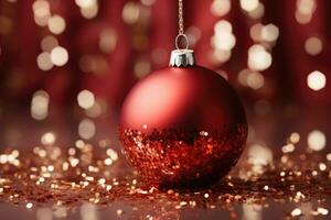 AI generated Red Christmas tree toy ball with festive confetti on a bokeh background. photo