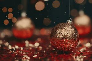 AI generated Red Christmas tree toy ball with festive confetti on a bokeh background. photo