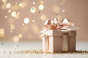 AI generated Pink gift box with a bow on festive glittering bokeh pink background photo