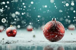 AI generated Red snowy Christmas tree toy balls on festive blue bokeh background with white winter snow photo