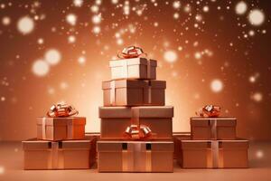 AI generated Golden Peach Fuzz gift boxes on festive glittering bokeh orange background with copy space. photo