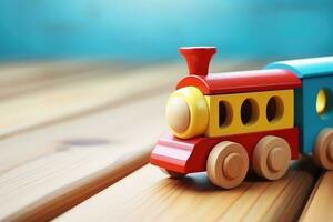 AI generated Wooden toy train locomotive on blue background with copy space photo