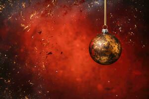 AI generated Golden Christmas tree toy ball with festive red background with copy space. photo