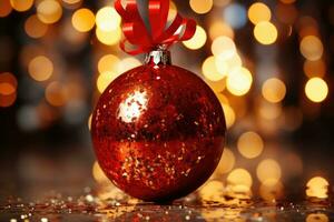 ai generado rojo Navidad árbol juguete pelotas con festivo dorado bokeh antecedentes. foto
