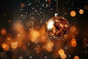 AI generated Golden Christmas tree toy ball hanging on a dark bokeh black background photo