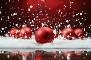 AI generated Red snowy Christmas tree toy balls on festive dark red background photo