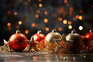 AI generated Red Christmas tree toy ball with festive golden bokeh background. photo