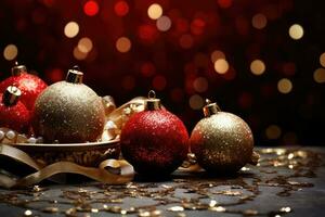 AI generated Red Christmas tree toy ball with festive golden bokeh background. photo