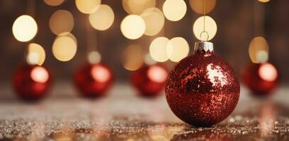 AI generated Red Christmas tree toy balls with festive golden bokeh background. photo