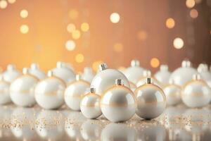 AI generated Golden and white Christmas tree toy balls with festive confetti on a bokeh background photo