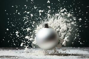 AI generated Silver snowy Christmas tree toy ball levitation on festive dark background with splash of snow photo