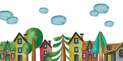 Watercolor hand drawn houses border vector