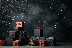 AI generated Red and black gift boxes with bow on festive dark background with copy space and confetti. photo