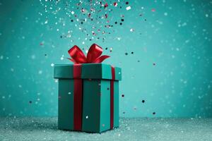 AI generated Turquoise gift box with a red bow on festive glittering bokeh blue background with confetti. photo