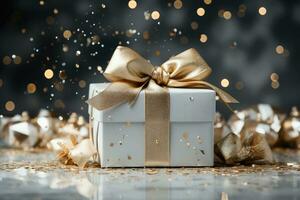 AI generated White gift box with a golden bow and confetti on festive glittering dark black bokeh background photo