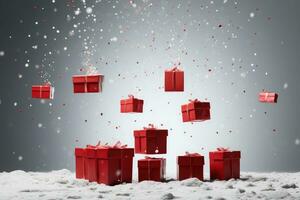 AI generated Many red gift boxes with a bow on festive glittering bokeh dark pink background photo