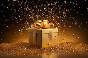 AI generated Golden gift box with a bow and confetti on festive glittering dark bokeh background photo