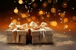 AI generated Golden gift box with a bow and confetti on festive glittering dark bokeh background photo