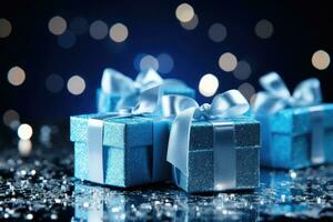 AI generated Many blue gift boxes with a bow on festive glittering bokeh dark blue background photo