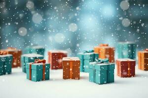 AI generated Blue and gold present gift boxes on festive dark blue bokeh background with winter snow, snowflakes photo