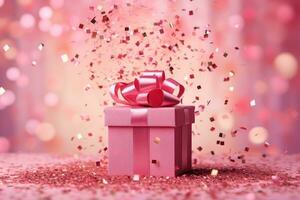 AI generated Pink gift box with a bow on festive glittering bokeh pink background photo