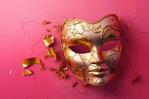 AI generated Golden carnival mask on a pink background AI Generative photo