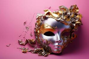 AI generated Golden carnival mask on a pink background AI Generative photo