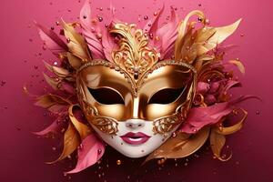 AI generated Golden carnival mask on a pink background AI Generative photo