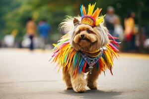 ai generado un perro vestido en vistoso disfraz en el carnaval brasileño ai generativo foto