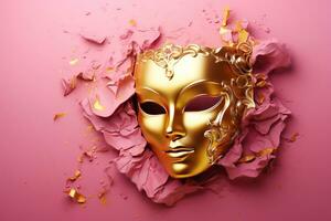 AI generated Golden carnival mask on a pink background AI Generative photo