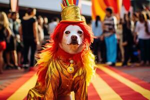 ai generado un perro vestido en vistoso disfraz en el carnaval brasileño ai generativo foto