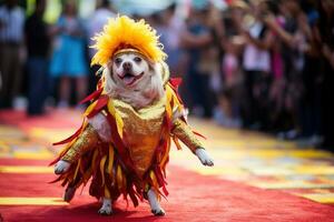 ai generado un perro vestido en vistoso disfraz en el carnaval brasileño ai generativo foto