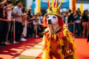 ai generado un perro vestido en vistoso disfraz en el carnaval brasileño ai generativo foto