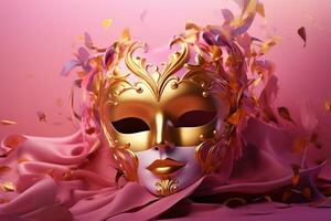 AI generated Golden carnival mask on a pink background AI Generative photo