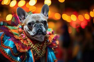 ai generado un francés buldog vestido en vistoso disfraz en el carnaval ai generativo foto