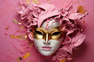 AI generated Golden carnival mask on a pink background AI Generative photo