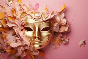 AI generated Golden carnival mask on a pink background AI Generative photo