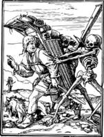 Dance of Death, The Pedlar from Hans Holbein's series of engravings, vintage engraving. vector