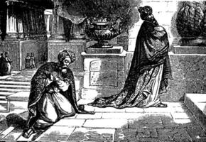 A Pharisee and a Publican Pray in the Temple vintage illustration. vector