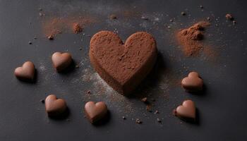 AI generated chocolate biscuit capkake in the form of heart sprinkled with cocoa powder lies on a dark background next to cinnamon photo