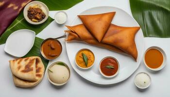 AI generated Ghee roast Dosa and Idlii, south indian main breakfast item which is beautifully arranged in a photo