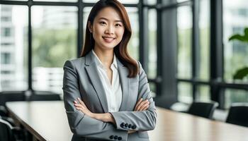 ai generado joven confidente sonriente asiático negocio mujer líder, exitoso emprendedor, elegante foto