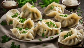 AI generated Homemade dumplings fried with onion and parsley photo