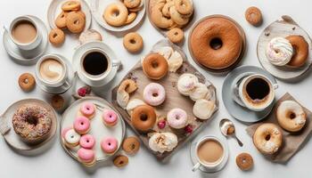 AI generated Table with various cookies, donuts, cakes, cheesecakes and coffee cups on white background. Delicious dessert table. Top view, flat lay photo