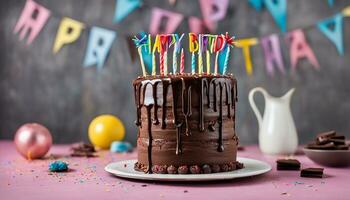 AI generated Chocolate birthday cake with chocolate ganache drip icing and happy birthday banner photo