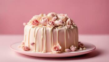 AI generated Mousse pastry dessert covered with white chocolate and decorated with rose buds on pastel pink background. Modern stylish cake. Copy space. Close-up. photo