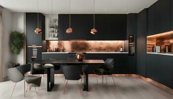 AI generated Panorama of modern kitchen with stylish black cupboards and drawers, copper hexagonal tiles and handles and with new black dining table and two, elegant copper chairs photo