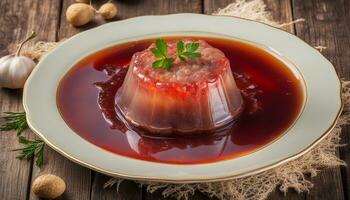 AI generated Jelly with meat, beef aspic, traditional Russian dish, portion on a plate, mustard and horseradish photo