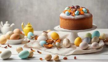 ai generado tradicional Pascua de Resurrección pastel con seco frutas y decorado huevos en blanco de madera mesa adentro. espacio para texto foto