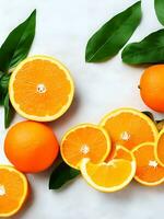 ai generado Fresco naranja y rebanadas con hojas antecedentes vitamina C concepto ai generado foto